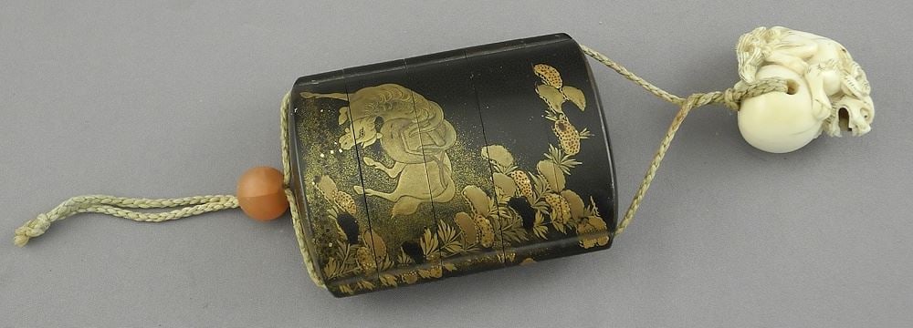 Japanese Hiramaki-e Lacquer Inro with Netsuke & Ojime, 2 7/8"h, NO EXPORT. (1 of 7)