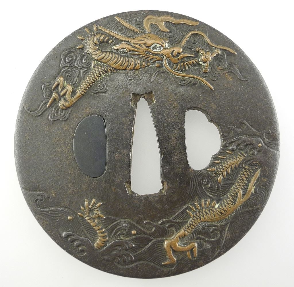 Japanese Bronze "Dragons & Waves" Tsuba, 3 1/8" Diameter, 130g. (1 of 3)