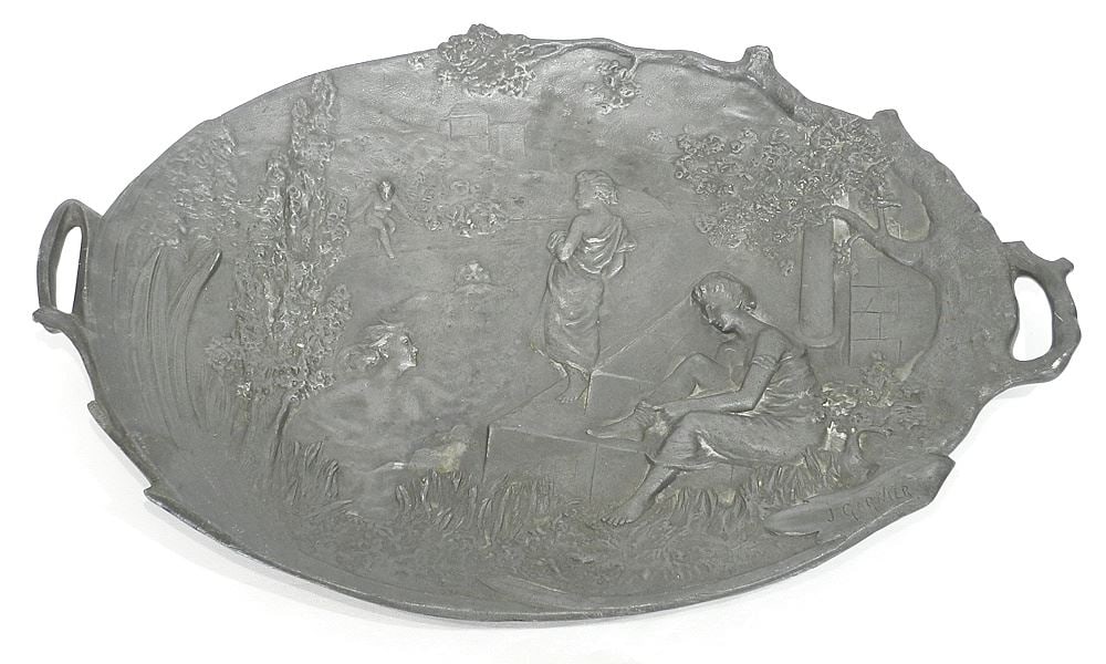 Pewter Dish signed J. Garnier, 22"w, "Bathing Sirens".: Pewter Dish signed J. Garnier, 22"w, "Bathing Sirens".