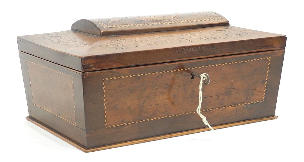 Early 19th C. Inlaid Mahogany "Killarney Lakes" Tea Caddy, 13"w.: Early 19th C. Inlaid Mahogany "Killarney Lakes" Tea Caddy, 13"w.