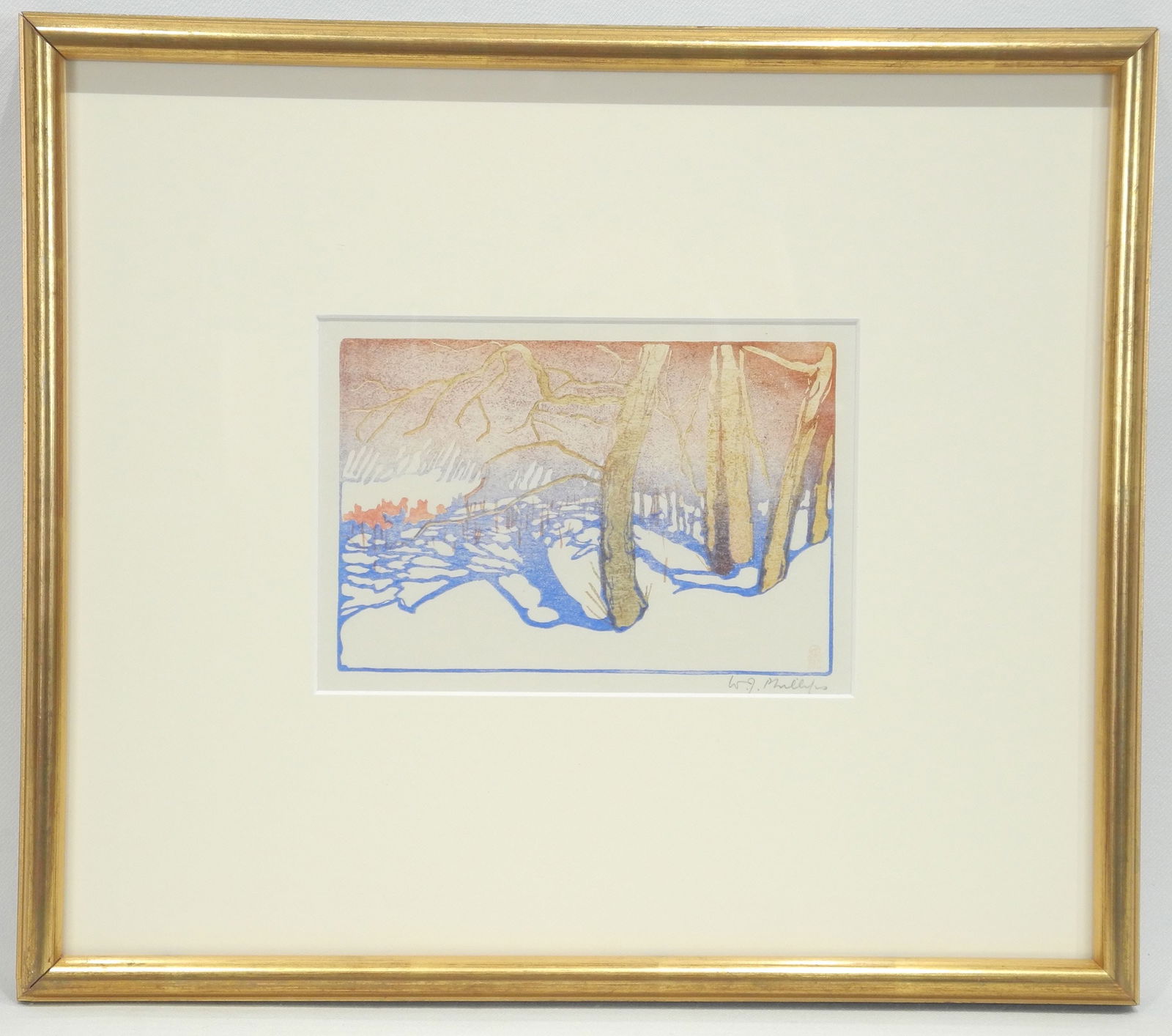 Woodblock Print signed W.J. (Walter Joseph) Phillips, 4 1/2 x 6 1/2", "Tree Shadows on Snow" (1 of 5)