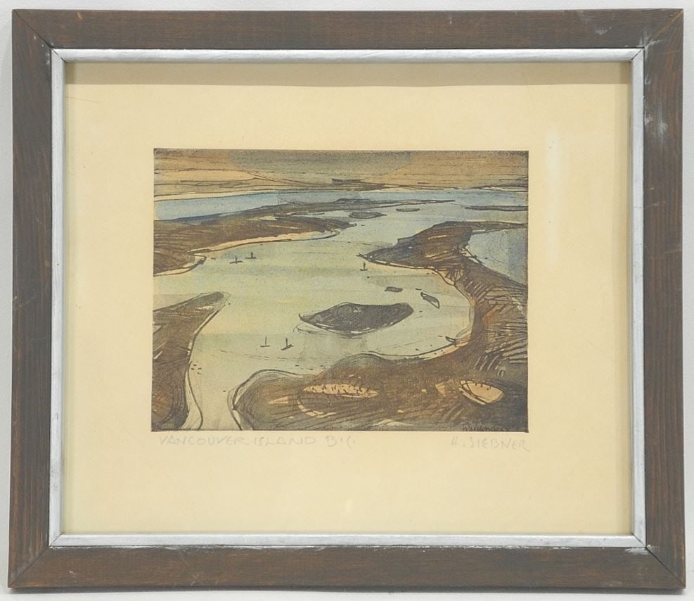 Hand Coloured Print signed H. (Herbert) Siebner, 9 x 10 3/4", Vancouver Island, BC. (1 of 4)
