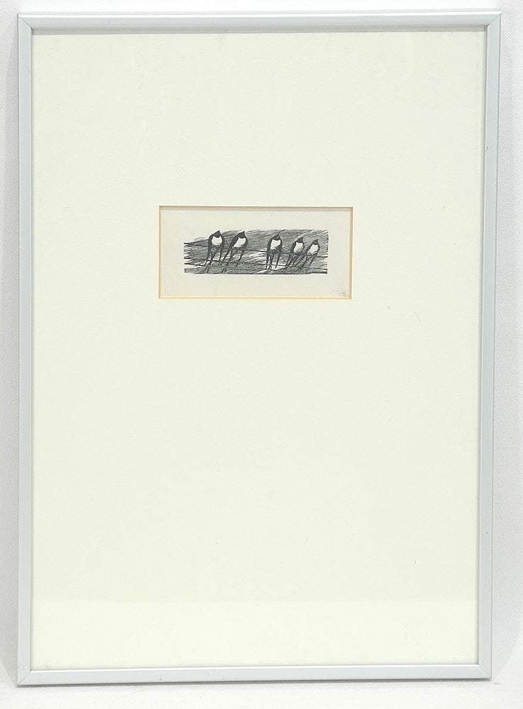 Wood Engraving Attributed to Gwen Raverat, 1 1/2 x 3 1/4", "Swallows on Telegraph Lines".: Wood Engraving Attributed to Gwen Raverat, 1 1/2 x 3 1/4", "Swallows on Telegraph Lines".