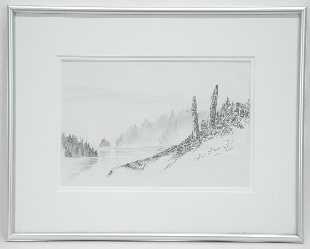 Drawing signed Sue Coleman Nov.2004, 6 1/8 x 9 1/8", "Coastal Scene with Totems".: Drawing signed Sue Coleman Nov.2004, 6 1/8 x 9 1/8", "Coastal Scene with Totems".