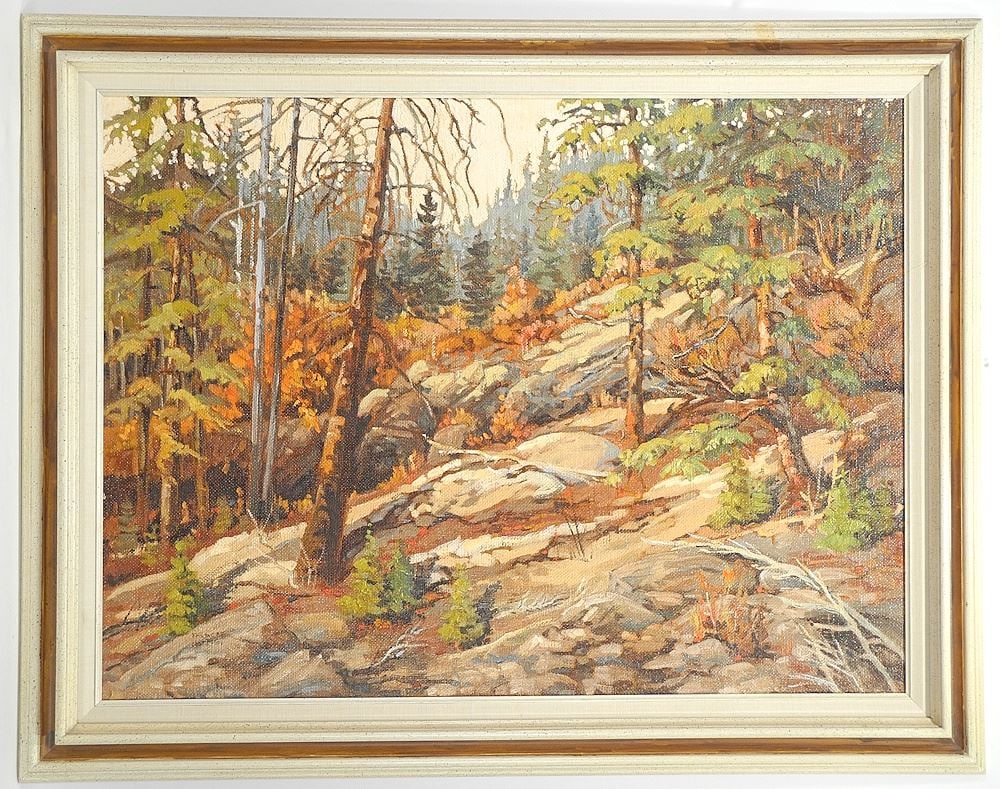 Oil on Canvas Mounted to Board signed Frances Harris, 30 x 40", "Autumnal Mountain Scene".: Oil on Canvas Mounted to Board signed Frances Harris, 30 x 40", "Autumnal Mountain Scene".
