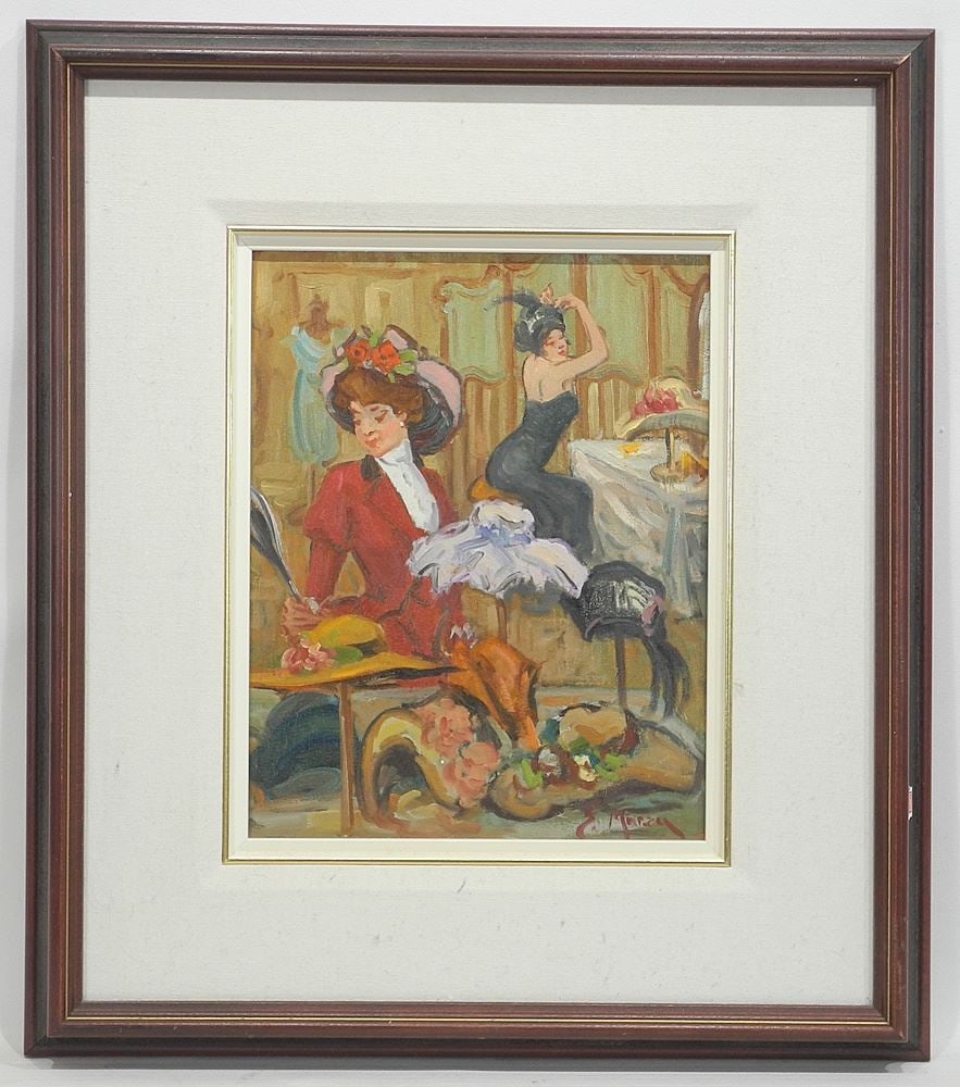 Oil on Canvas signed E. (Ernest) Marza, 13 5/8 x 10 1/2", "Two Women Dressing".: Oil on Canvas signed E. (Ernest) Marza, 13 5/8 x 10 1/2", "Two Women Dressing".