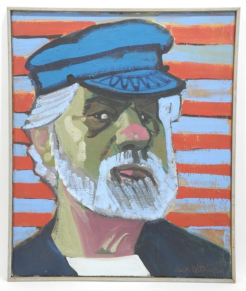 Oil on Canvas signed Jack Wilkinson 82', 24 x 20", "Head with Seamans Cap".: Oil on Canvas signed Jack Wilkinson 82', 24 x 20", "Head with Seamans Cap".