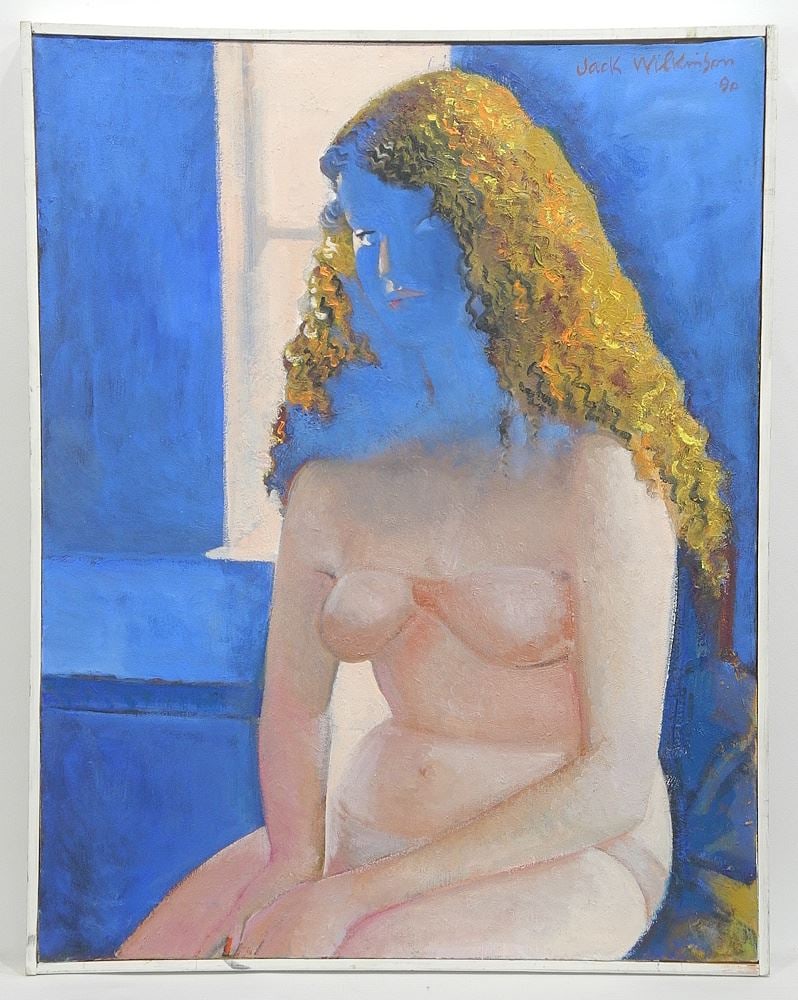 Oil on Canvas signed Jack Wilkinson 90', 28 x 21 3/4", "Seated Nude".: Oil on Canvas signed Jack Wilkinson 90', 28 x 21 3/4", "Seated Nude".