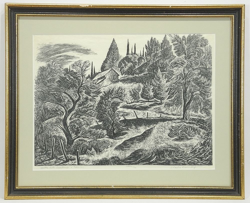 Linocut signed Charles Surendorf, 12 1/2 x 16 3/4", "Motter Lake Landscape".: Linocut signed Charles Surendorf, 12 1/2 x 16 3/4", "Motter Lake Landscape".