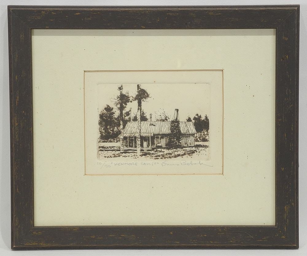 Etching signed Bruno Bobak, 4 1/2 x 6", :Kenmore Camp" #10/50 (spots noted). (1 of 4)
