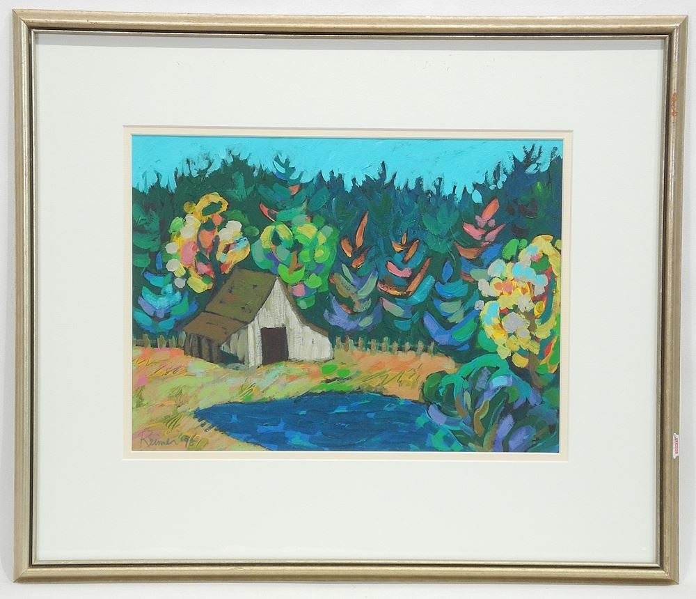 Acrylic on Paper signed (Christine) Reimer'93, 10 1/4 x 14 1/4", "Farm Near Nanaimo".: Acrylic on Paper signed (Christine) Reimer'93, 10 1/4 x 14 1/4", "Farm Near Nanaimo".