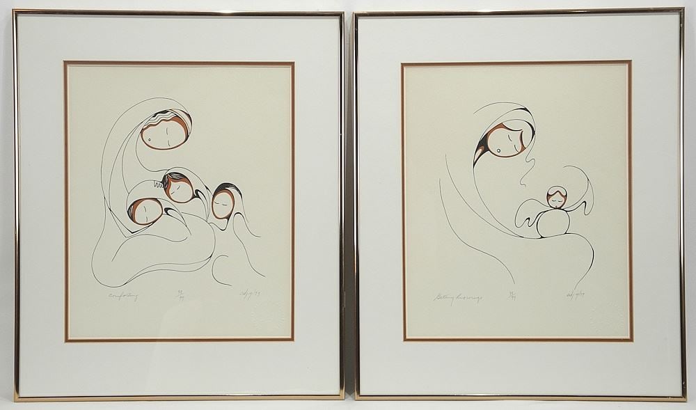 Two Serigraphs signed (Daphne) Odjig /79, 14 1/8 x 11 1/2", "Comforting" & "Getting His Wings" #98/ (1 of 8)