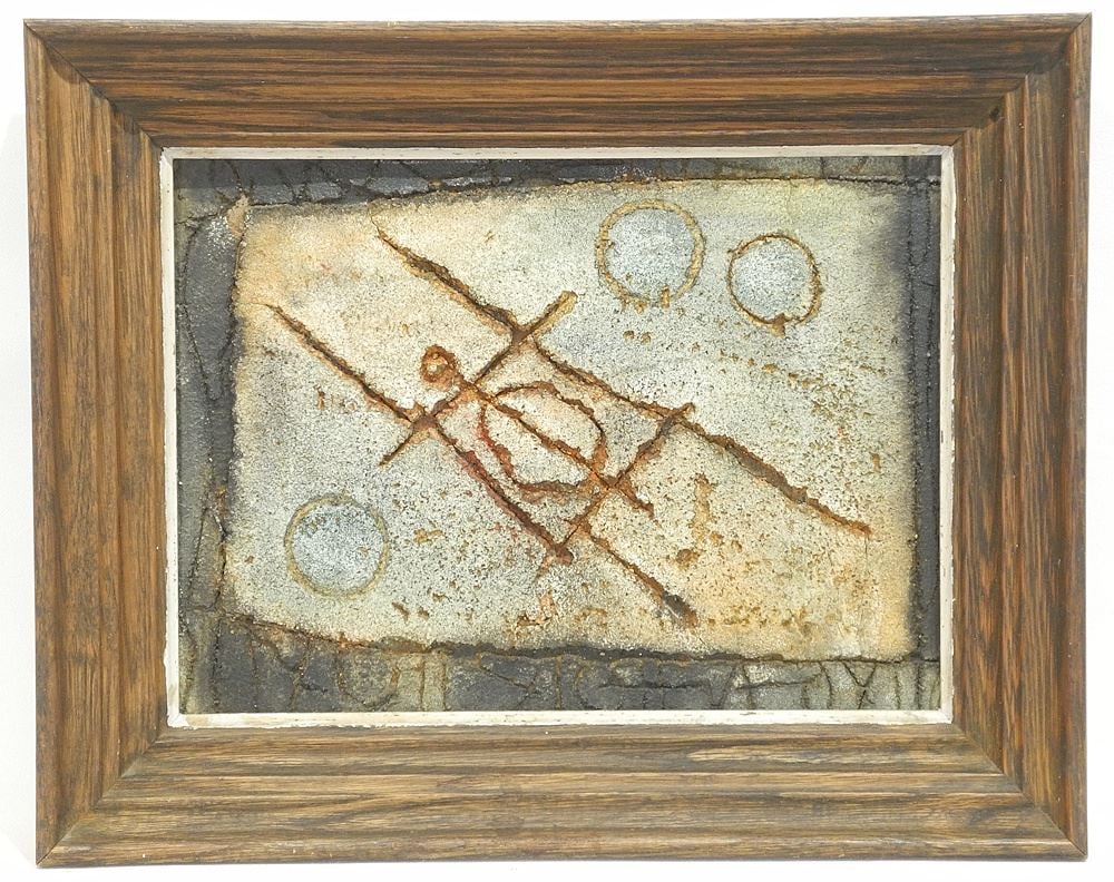 Sgraffito & Encaustic signed H. (Herbert) Siebner Verso, 8 1/4 x 11 1/2", "Flying Man"1967. (1 of 4)