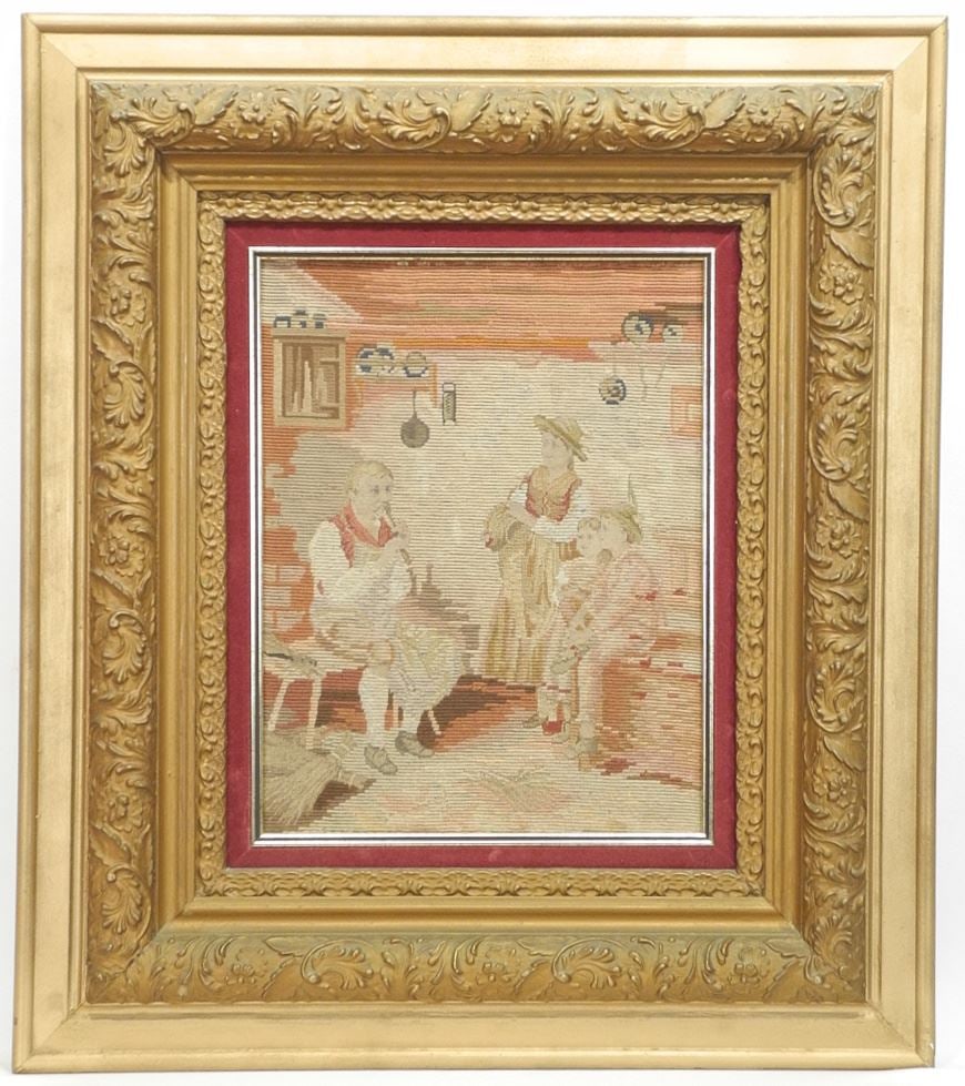 Victorian Needlework Panel, 17 1/4 x 13 1/4", "Flute Player". (1 of 2)