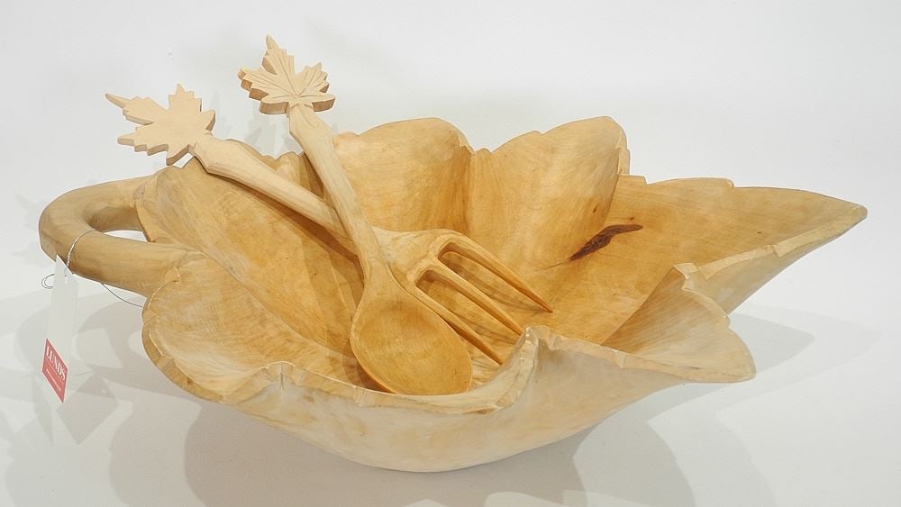 Canadiana Maple Leaf Salad Bowl & Tongs signed Arthur Dube. (1 of 2)