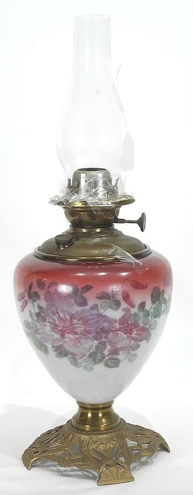 19th C. Enameled Glass Oil Lamp, 1 14 5/8"h.: 19th C. Enameled Glass Oil Lamp, 1 14 5/8"h.