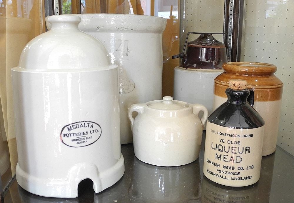 Six Stoneware Items: 3 Medalta/ Bean Pot Feeder, 11 1/4"h (no base) & 4 Gal. Crock, 11 5/8"h (no (1 of 1)