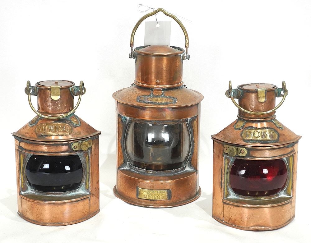 Three Reproduction Copper Marine Signal Lamps Port/Starboard/Stern, 7 & 8 1/4"H. (1 of 5)