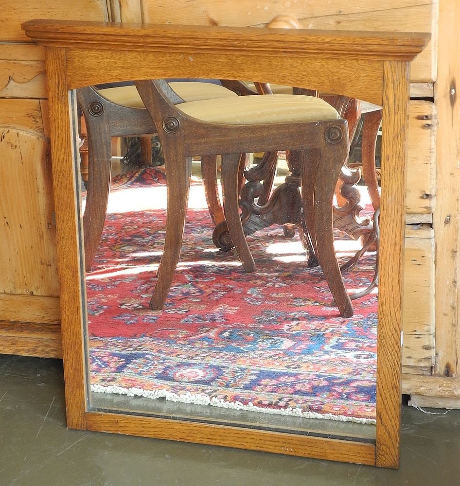 Oak Framed Vanity Mirror Mounted to Hang, 24 1/4"h.: Oak Framed Vanity Mirror Mounted to Hang, 24 1/4"h.