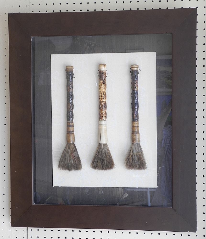 Three Decorative Chinese Brushes Mounted in Shadow Box, 29 3/8 x 25 1/4". (1 of 1)