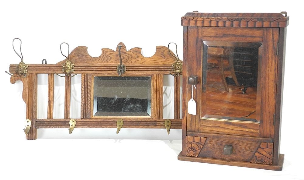 Early 20th C. "Green Man" Coat Rack (30 3/4"w) & Glazed Wall Cabinet, 17 1/2"h. (1 of 4)