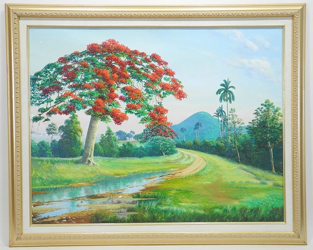 Oil on Canvas signed J. Olive, 22 1/2 x 29", "Tropical Landscape".: Oil on Canvas signed J. Olive, 22 1/2 x 29", "Tropical Landscape".