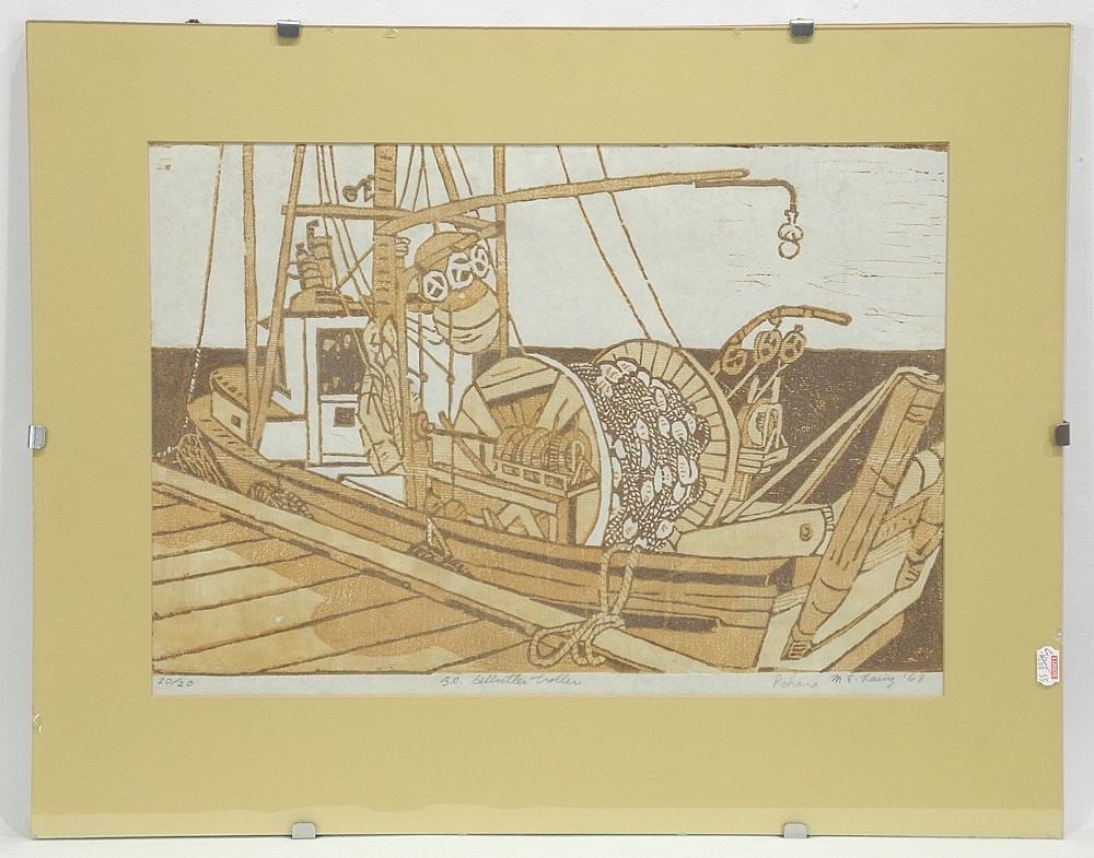 Block Print signed M.E.Laing'68, 12 x 17 1/4", "B.C. Gillnetter Troller" #20/20. (1 of 3)