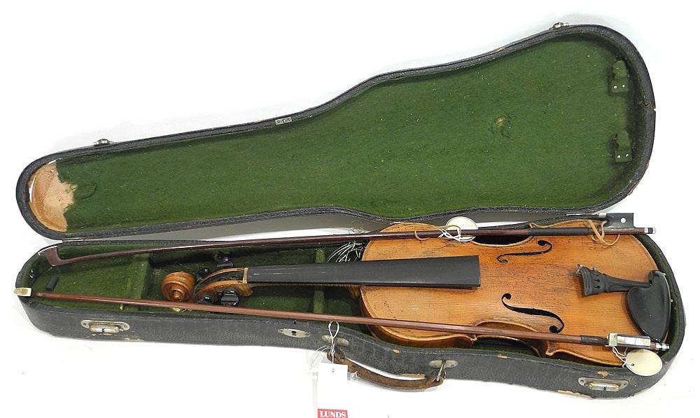 Antique Student Stradivarius Violin with Two Bows & Case, 30 3/4"L (as found). (1 of 4)