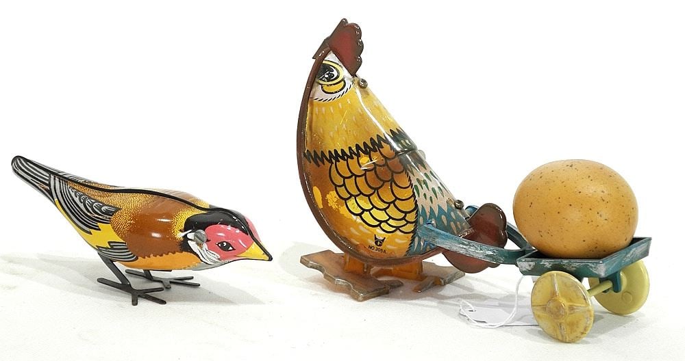 Two Clockwork Bird Toys: Egg Wagon & Songbird, 4 3/4 & 5 3/4"L. (1 of 3)