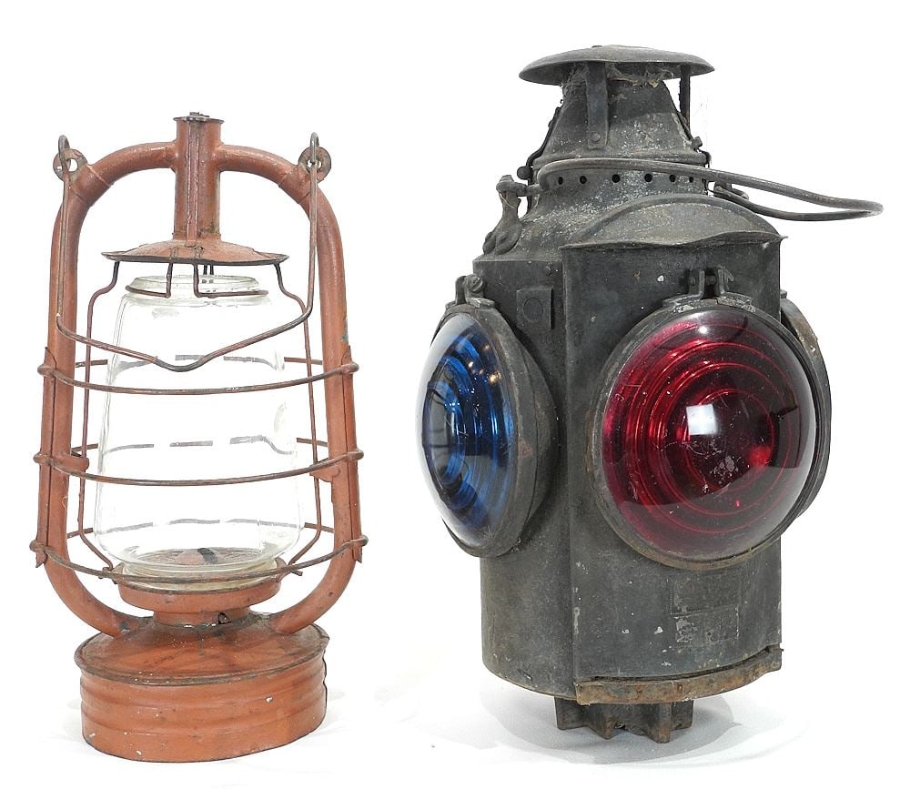 H.L. Piper CPR Signal Lamp (red lens damaged, 15"h) & Lantern, 13 3/4"h. (1 of 3)