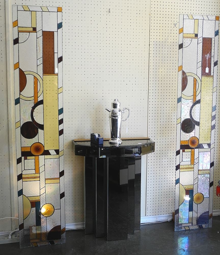 Pair of Art Deco Style Leaded Glass Panels, 70 1/4 x 13 7/8".: Pair of Art Deco Style Leaded Glass Panels, 70 1/4 x 13 7/8".