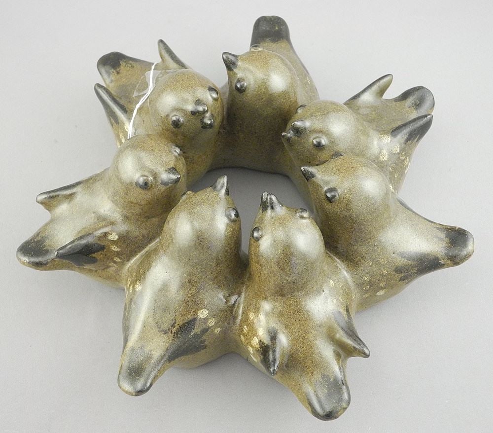 Stoneware Sculpture Monogrammed TK (Thomas Kakinuma), 9"w, "Six Birds". (1 of 3)