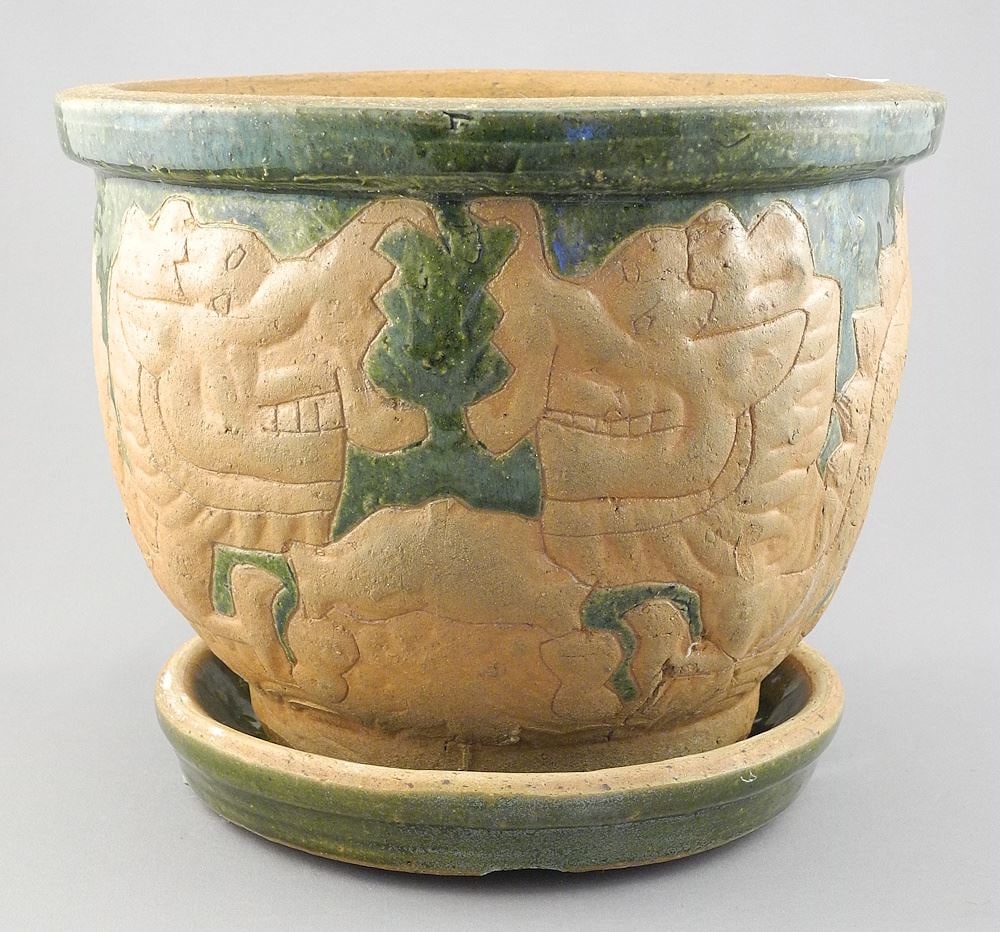 Terracotta "Dragons" Planter with Saucer.: Terracotta "Dragons" Planter with Saucer.