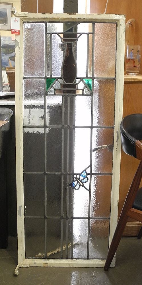 Leaded Glass Window Panel in Metal Frame, 46 3/4 x 19 1/8".: Leaded Glass Window Panel in Metal Frame, 46 3/4 x 19 1/8".