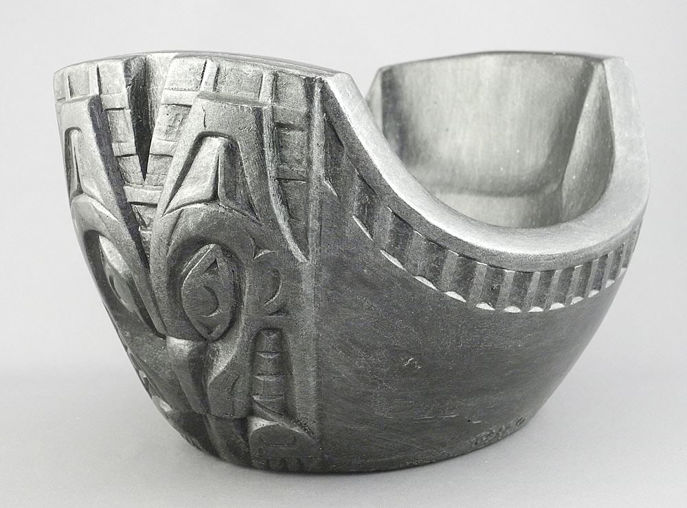 Northwest Coast-Style Black Cement Planter, signed CB'96, 10 1/2"w.: Northwest Coast-Style Black Cement Planter, signed CB'96, 10 1/2"w.