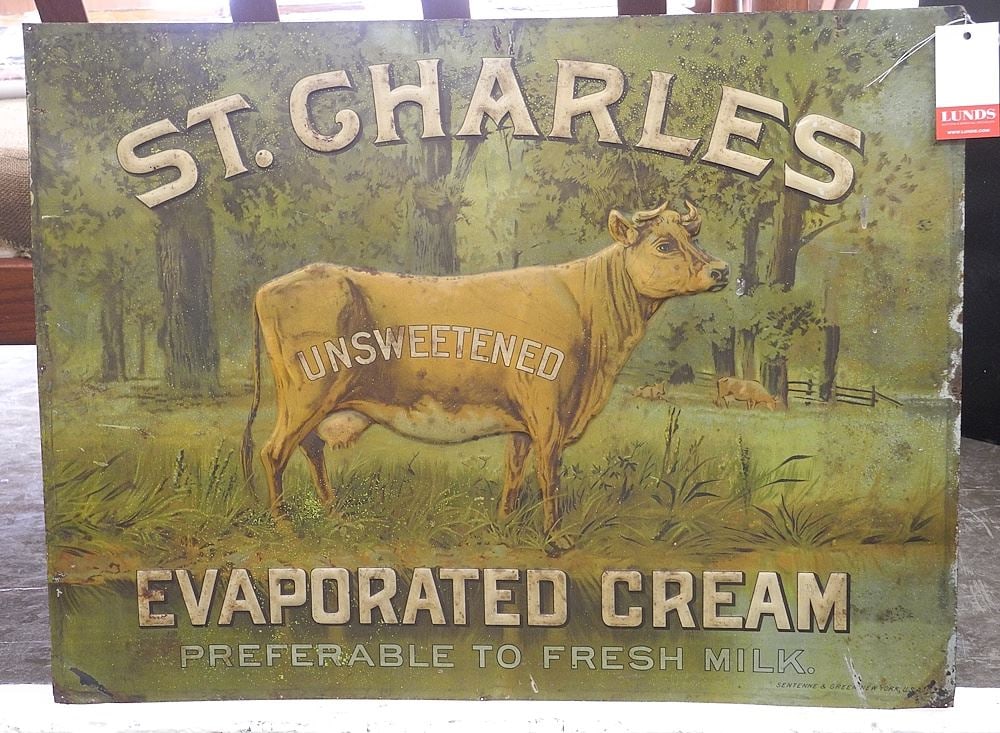 American St.Charles Evaporated Cream Tin Advertising Sign, 18 x 24".: American St.Charles Evaporated Cream Tin Advertising Sign, 18 x 24".