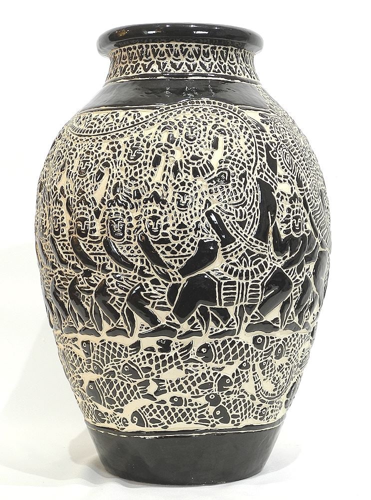 Pottery Vase with "Figures & Fish" Repeating Design, 19"h.: Pottery Vase with "Figures & Fish" Repeating Design, 19"h.