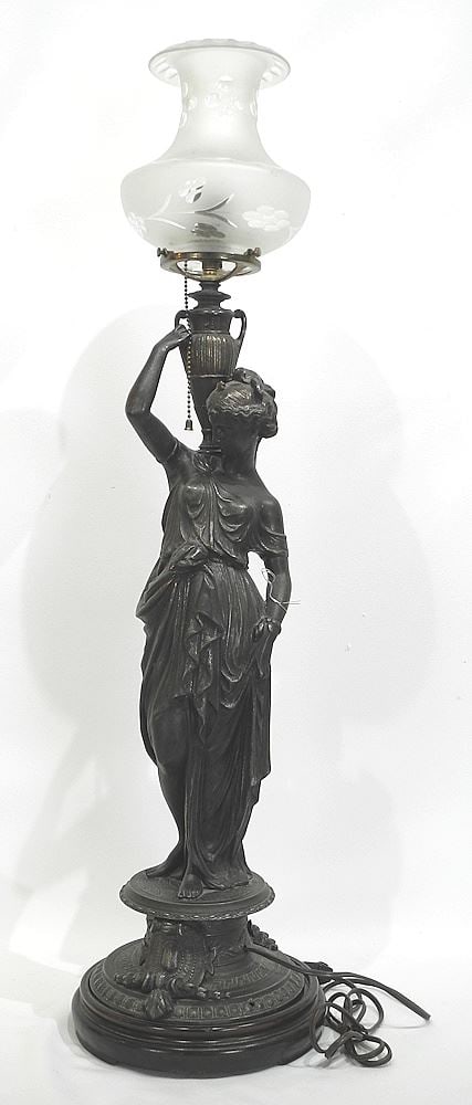 19th C. Illuminated Copper Alloy Figural Lamp, 33 1/2"h, with Stand.: 19th C. Illuminated Copper Alloy Figural Lamp, 33 1/2"h, with Stand.