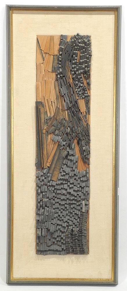 Mixed Media with Wood & Stone signed Glen Michaels'63, 23 x 5 7/8", "Tessellated Landscape". (1 of 3)