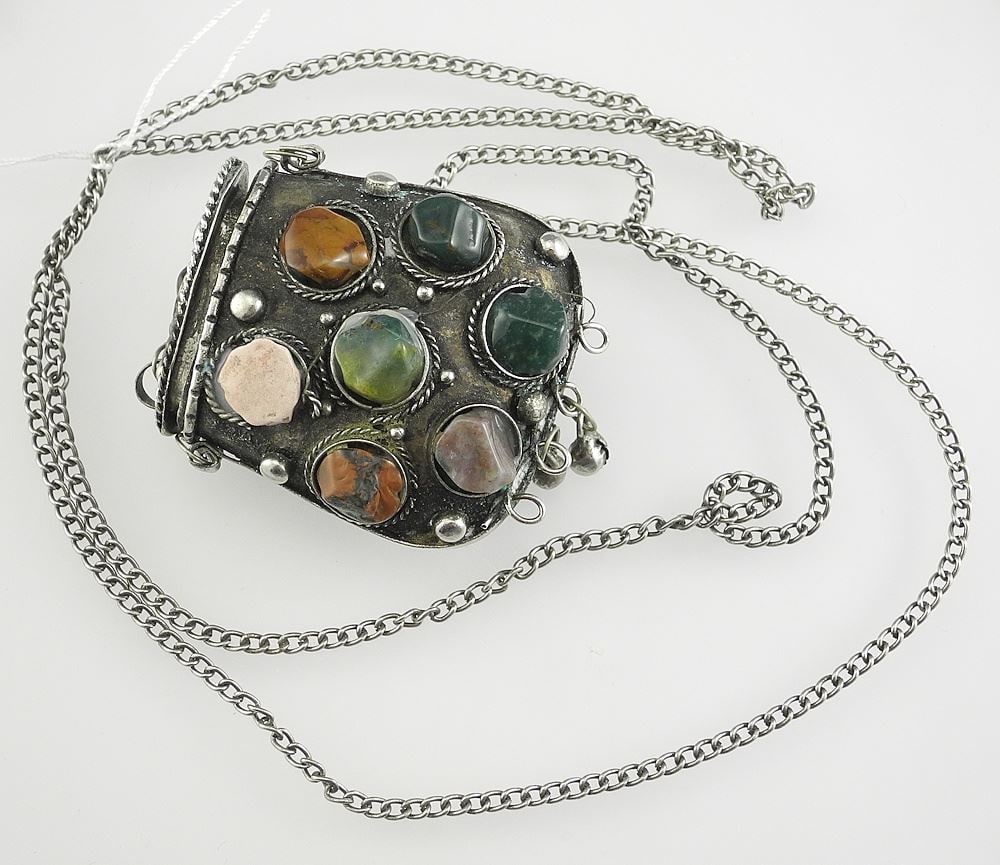 Silver Alloy Container Inset with Lapidary Specimens Hung On Chain, 28"L.: Silver Alloy Container Inset with Lapidary Specimens Hung On Chain, 28"L.