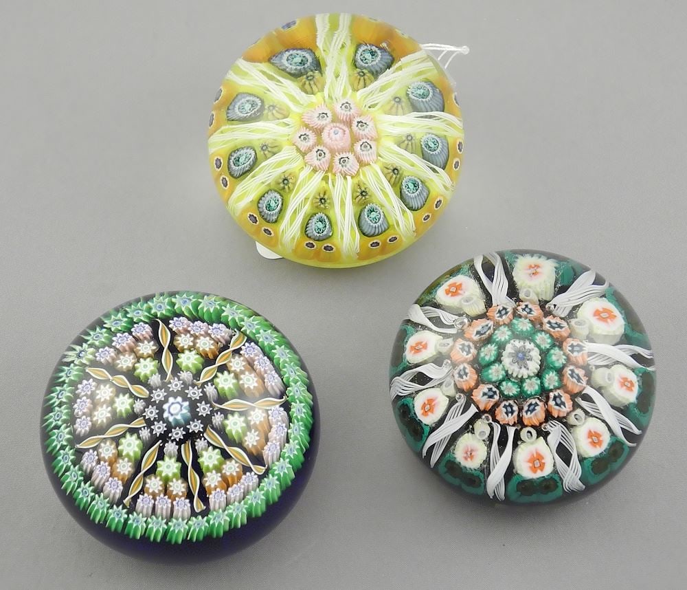 Three Mille Fleur Paper Weights, 2 3/8 - 2 1/2" Diameter.: Three Mille Fleur Paper Weights, 2 3/8 - 2 1/2" Diameter.