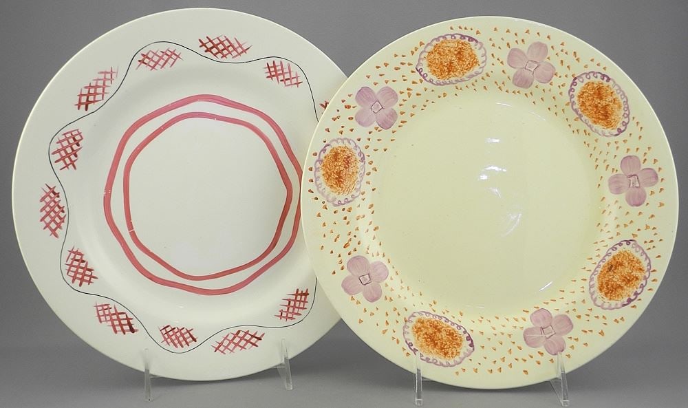 Two 1934 First Edition G.Sutherland ARE & M. Gray Bizarre by Clarice Cliff Plates, 10" Diam. (1 of 8)