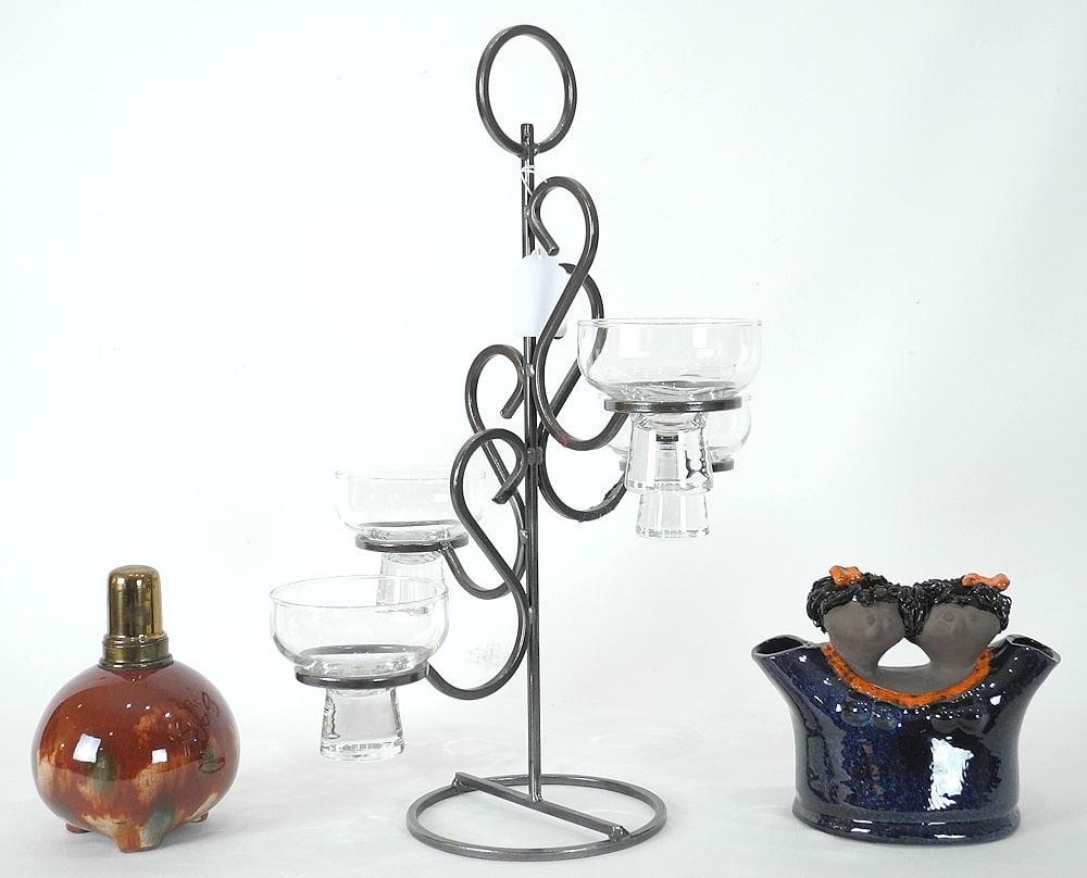 Belgian Candelabra with Oil Lamp & Jie Sweden Figural Vase, 5 5/8 - 17 3/8"h.: Belgian Candelabra with Oil Lamp & Jie Sweden Figural Vase, 5 5/8 - 17 3/8"h.