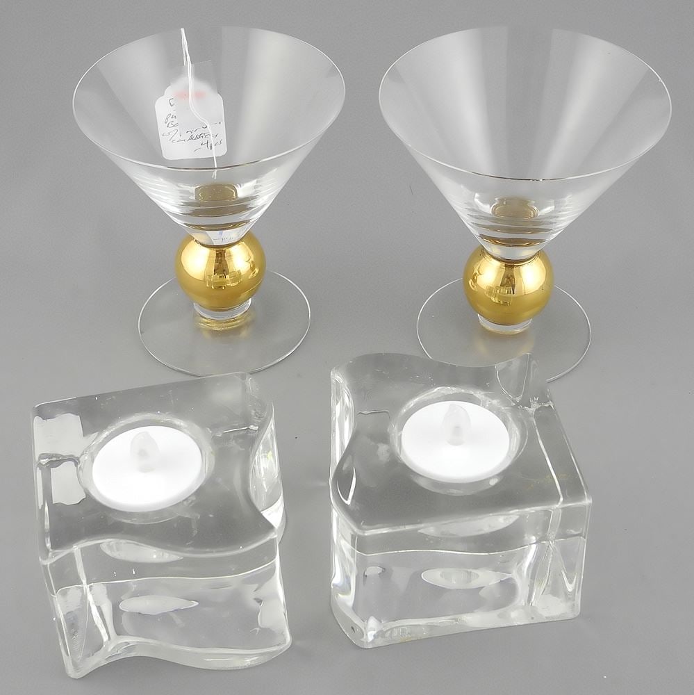 Pair of Orrefors "Nobel Prize" Martini Glasses (4 3/4"h) & Pair of Candlesticks, 2 1/2"h.: Pair of Orrefors "Nobel Prize" Martini Glasses (4 3/4"h) & Pair of Candlesticks, 2 1/2"h.