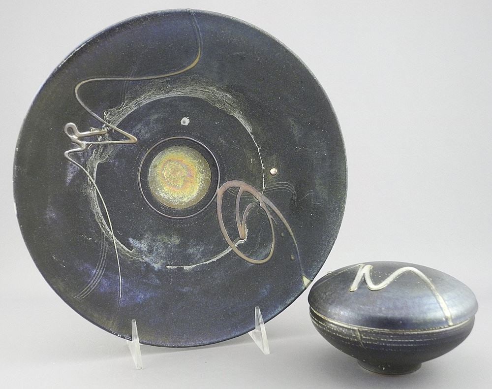 Raku Bowl & Box signed (Gordon) Hutchens, 9 3/4 & 4 1/2" Diameter. (1 of 3)