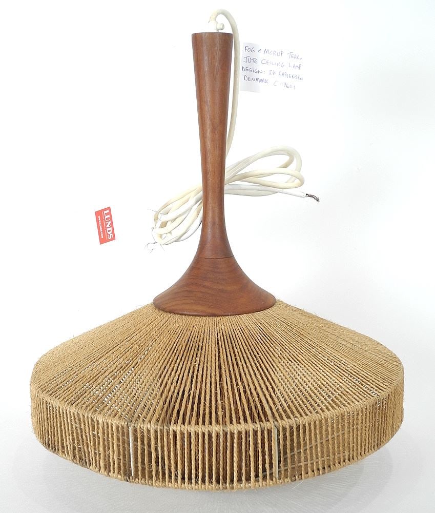 Fog & Morup Teak & Jute Light Fixture Design Ib Fabiensen, 16" Diameter. (1 of 4)