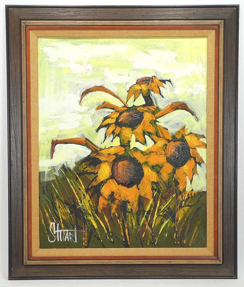 Oil on Board signed Stuart, 29 1/2 x 23 1/2", "Sunflowers". (1 of 3)