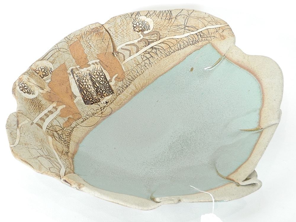 Turquoise Glazed Impressed Stoneware Bowl signed (Patricia Jean) Hill, 15 1/4" Diam.,Davis Clay.. (1 of 3)