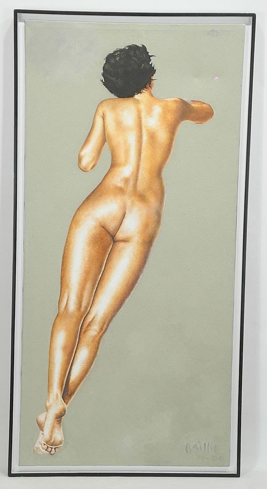 Oil on Canvas signed Baillis, 33 x 16", "Nude 1", C.1979/80 with Model Obituary.: Oil on Canvas signed Baillis, 33 x 16", "Nude 1", C.1979/80 with Model Obituary.