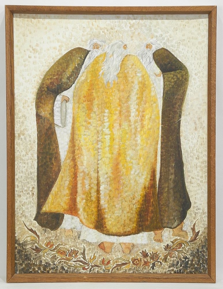 Oil on Board signed Guity Novin 1981 , 18 x 24", "Three Robed Figures".: Oil on Board signed Guity Novin 1981 , 18 x 24", "Three Robed Figures".